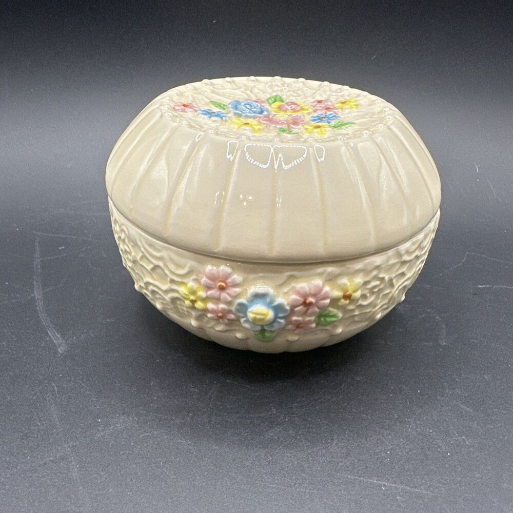 Vintage I. W. Rice Round Shaped Floral Trinket Box Porclein